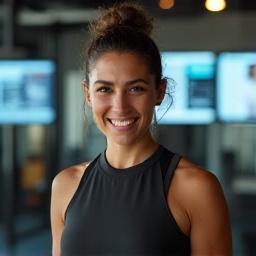 Elisa Ramírez, fundadora y Directora General de Hora Activa, posando con confianza en un entorno de entrenamiento moderno.