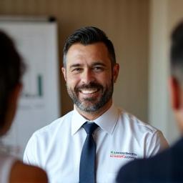 Dr. Ricardo Vargas, Nutricionista Deportivo de Hora Activa, explicando un plan de alimentación saludable a un atleta en una oficina luminosa.