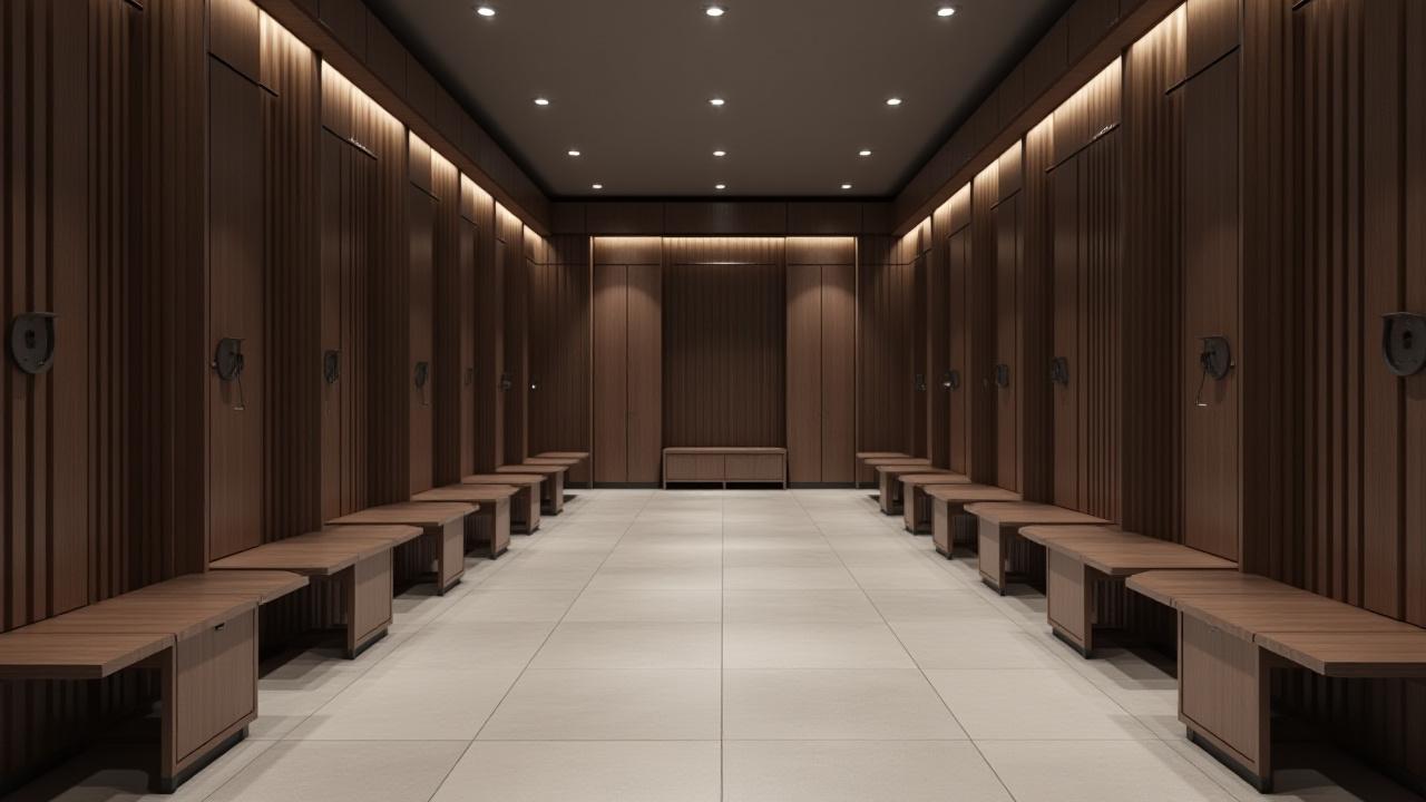 Vestidores limpios y modernos, con casilleros de madera oscura, bancos y espejos grandes, mostrando un ambiente confortable y pulcro.