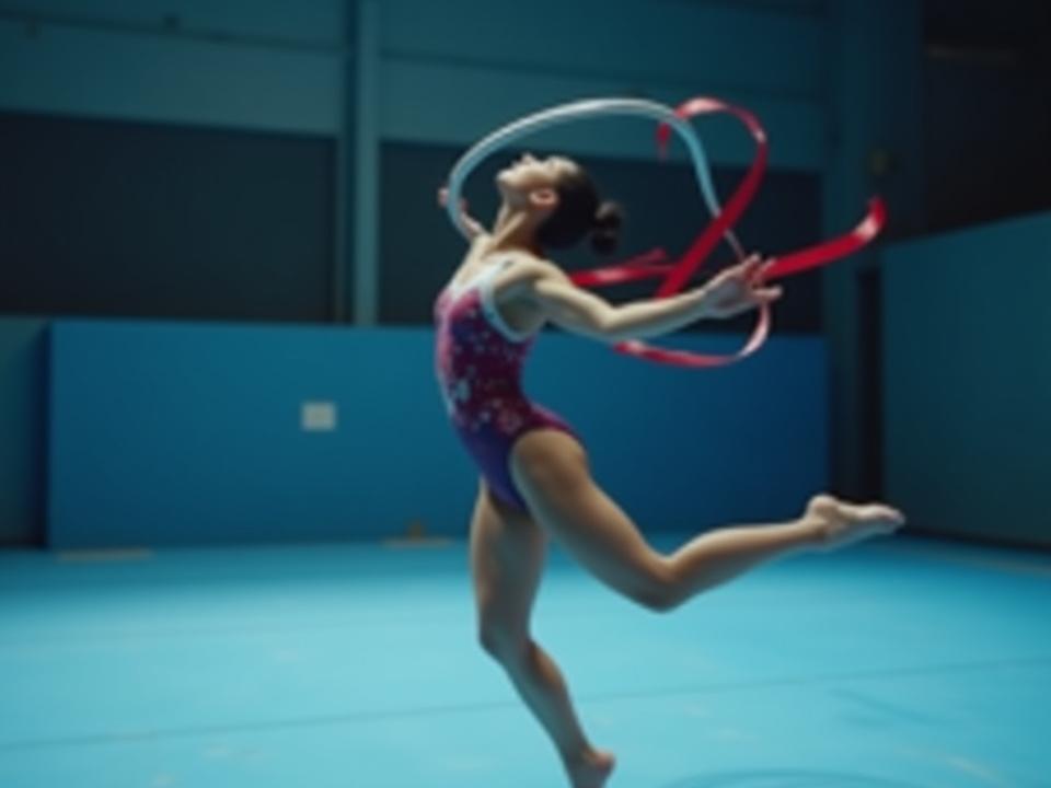 Gimnasta rítmica mexicana en plena ejecución con un lazo, demostrando elegancia y destreza.