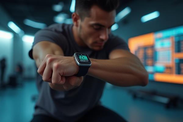 Atleta en vestimenta moderna revisando su reloj inteligente durante un entrenamiento funcional intenso.