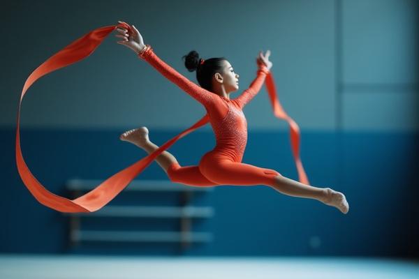 Joven gimnasta rítmica realizando una rutina con cinta, enfocada y elegante.