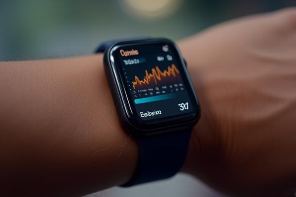 Primer plano de un wearable deportivo mostrando un gráfico de rendimiento en una muñeca durante el ejercicio.